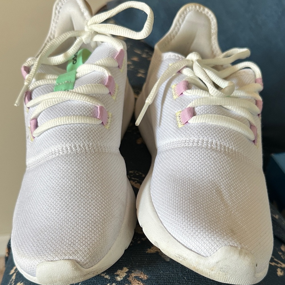 ( only wore ONCE) Adidas White Sneakers with Pink and Green Accents..